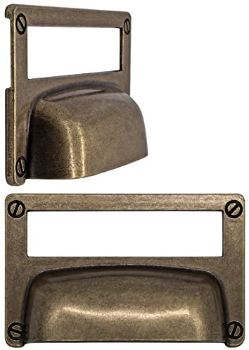 Fuxxer 2 x Label Windows, Metal Handles, Antique Bronze Brass Look, 81 x 50 mm, Set of 2