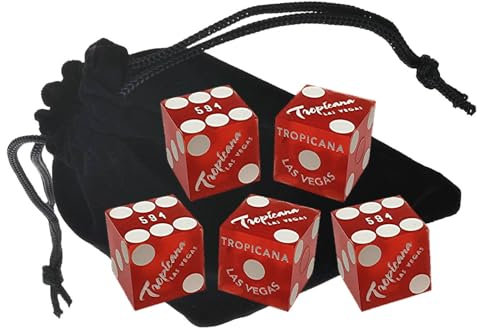 Set mit 5 authentischen Las Vegas Casino Tischspiel-Würfel 19 mm mit passenden Seriennummern (Tropicana (rot mattiert)