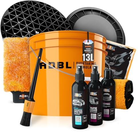 Auto Waschset: ADBL Wascheimer (13L, orange) + Schmutzsieb + Deckel für die schonende Auto Handwäsche - Sprühwachs, Flugrostentferner, Felgenreiniger, Autoshampoo, Poliertuch, Pinsel | 10-teilig