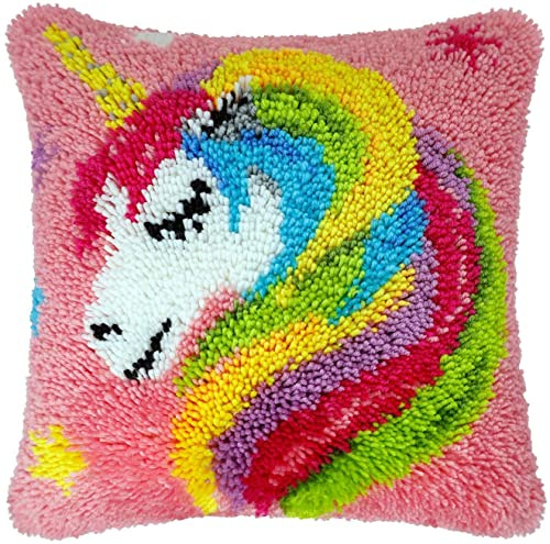 ROCKY&CHAO Myriad Choices Latch Hook Cushion Kits Unicorn 43x43cm, Latch Hook Pillow Case Kits for Adults and Kids DIY Needlework Pillow Cover Sofa Cushion Rug Making Kits DIY Craft Kits Home Decor