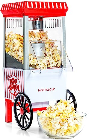 Nostalgia Máquina para hacer palomitas de maíz, máquina de palomitas de maíz de aire caliente de 12 tazas con tapa de medición, sin aceite, estilo vintage de cine, blanco y rojo