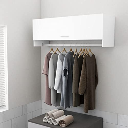 Wakects Armadietto Pensile, Armadio Compatto con Asta Appendiabiti, Mobiletto a Muro con 2 Scomparti e Ante per Camera da Letto Bagno Balcone 100 x 32,5 x 35 cm Bianco