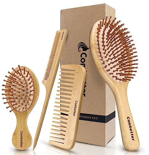 Combetter Bamboo Hairbrush and Comb Set - Natural Eco-Friendly Paddle Detangler with Scalp Massage for Women, Men, and Kids - Reduces Frizz and Promotes Healthy Hair Growth(4PCS)