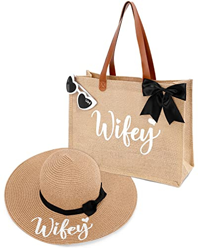 Percozzi Wifey Tote Bag Sun Hat Glasses Set Bride-To-Be Bridal Shower Gift for Future Mrs. Honeymoon Jute Tote Bag Kit Summer Beach Present for Wife Set of 3