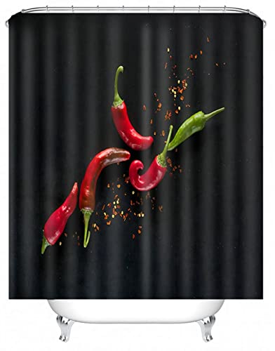 EHOMERY Duschvorhang Nach Maß Duschrollo Gebogen Rote Und Grüne Paprika Polyester Schwarz Rostfreie Ösen Und 12 Hakenringe, 180X180Cm
