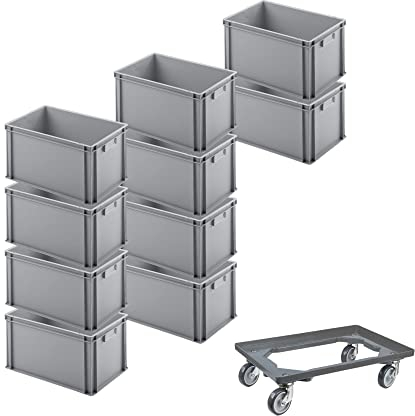 SparSet 10x Eurobehälter mit geschlossenem Griff & 1x Transportroller Grau | HxBxT 32x40x60cm | 56 Liter | Eurobox, Transportbox, Transportbehälter, Stapelbehälter