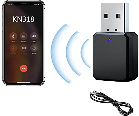 CJBIN Adattatore Bluetooth USB, ricevitore Bluetooth 5.1 con cavo audio da 3.5 mm, mini adattatore audio portatile, ricevitore audio AUX/USB, doppia uscita, microfono integrato, cuffie, TV/Auto