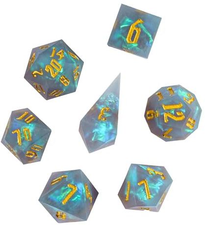 Cusdie vassa kanter DND-tärning, 7 st D&D-tärningar, handgjord polyhedral tärningsset, för rollspel spel MTG banfinnare (frostad grå)