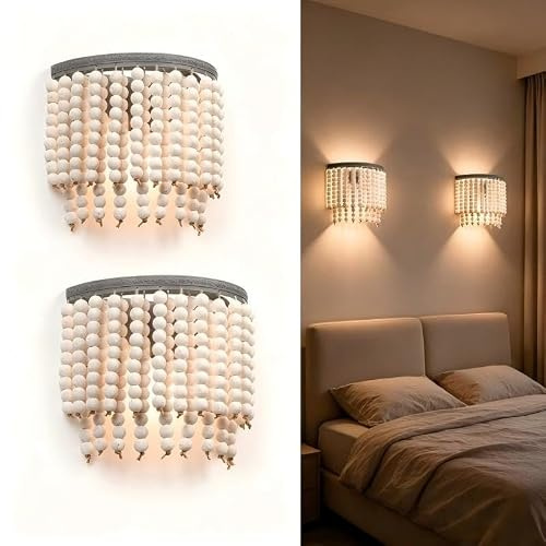 JCPYIUL Weiß Vintage Natürlich Holz Perlen Wandleuchte Bohemia Wandlampe Rustikale Boho Lampe Landhausstil Bauernhof Beleuchtung für Schlafzimmer Flur Eingang Passage Wohnzimmer