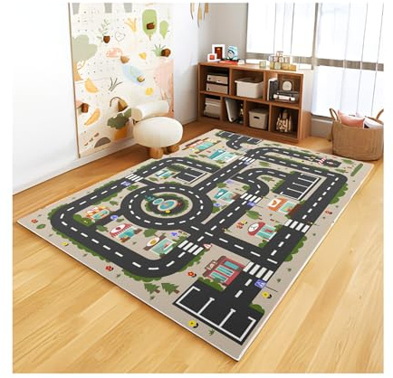 Analog ABC Kids Rug Playroom Car Play Mat City Life Road Rug for Cars Fun City Map for Carpet for Bedroom Boys (39 * 59 inches, Evening City)