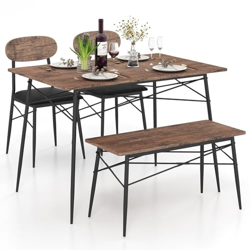 TANGZON Dining Table and 2 Chairs with Bench, 4 Piece Kitchen Breakfast Dining Set with PVC Leather Seat & Anti-slip Foot Pads, Space-saving Dinette Set for Home Kitchen Living Room Restaurant