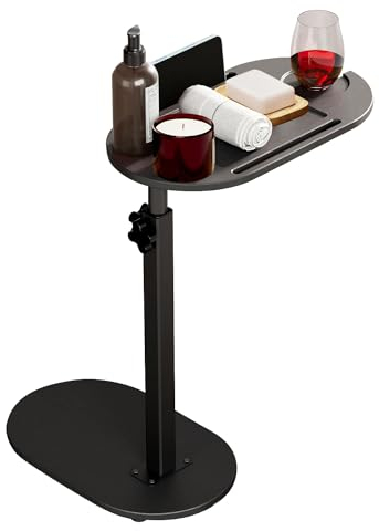 Fuyoula Comodino in Stile Industriale,Tavolino da Letto,Altezza regolabile,Vassoio per Vasca da Bagno Bambù,Salvaspazio,Comodino,Nero,43~77.5cm*40 * 22cm