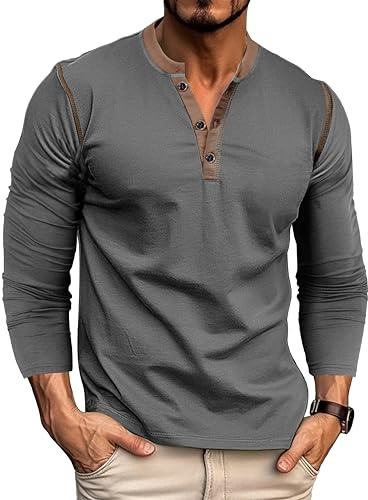 MakingDa Henley Langarmshirt Knopfleiste Langarm Shirt Regular Slim Fit Muscle Bequem Oberteil Männer Pullover Sport Arbeit Tshirts Outdoor Fitness Longshirt Basic Vintage Freizeithemd