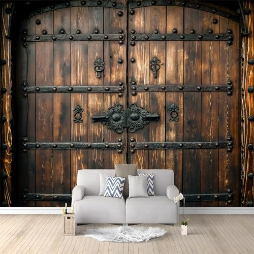 Fototapete 3D Retro-Holztür Braun 300x210 cm Vlies Tapeten Wandtapete Moderne Wanddeko Design Wand Dekoration Wohnzimmer Schlafzimmer