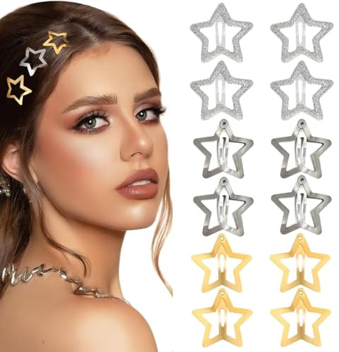 Lot de 12 barrettes à cheveux en forme d'étoile métal doré et argenté fermoir clipser pour enfants filles et femmes