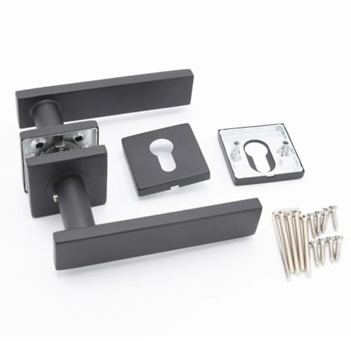 HORI Türgriff Schwarz - Edelstahl Türklinke - Drückergarnitur aus Edelstahl - Türbeschlag mit Sandoberfläche - Schwarzer Türgriff - Modernes Design für Innentüren- Profilzylinderschloss