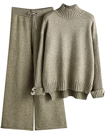 Damen Strickset Herbst und Winter Strickanzug Hoher Kragen Pullover Lange Hosen Lose Zwei Sets Badeanzüge für Frauen Übergröße Hosen, khaki, Einheitsgröße