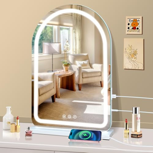 halumao Schminkspiegel mit Beleuchtung, 40 x 60 cm Hollywood schminktisch Spiegel mit Beleuchtung, 3 Modi Dimmbar Tischspiegel mit Touch-Schalter USB-Ladeanschluss