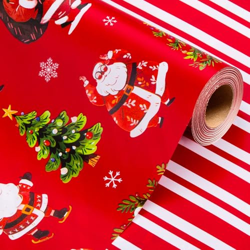 Wikadlik Wendbares Geschenkpapier für Weihnachten, roter Weihnachtsmann und grüner Baum, rotes Geschenkpapier, 43 cm x 10 m