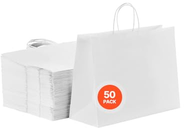 VEVOR Sac Papier Kraft, Lot de 50, Sac Cadeau avec Poignées, 406 x 152 x 308 mm, Grands Sacs d'Épicerie Réutilisables, Emballage de Courses, pour Anniversaires, Mariages, Shopping, Cadeaux, Blanc