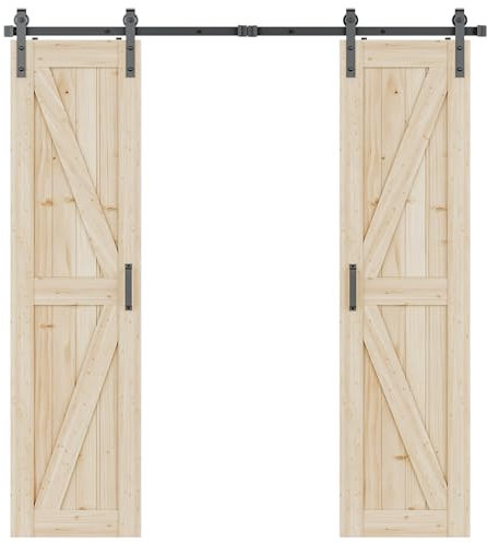 Set completo per porta scorrevole, 305 cm, con sistema di porte scorrevoli, doppia porta scorrevole, per 2 porte in legno, 76 cm di larghezza, colore nero
