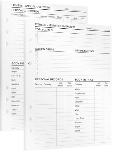 Planificateur de fitness KOMPASS® | Inserts A5 pour suivi des entraînements et des progrès | 25 feuilles de recharge pour objectifs de fitness mensuels et annuels | Journal de gym pour le corps, la