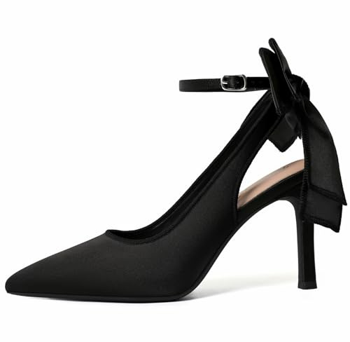 RIBONGZ Black Heels for Womens Bow Heels with Strappy Wedding Satin Shoes for Bride Closed Pointed Toe Stiletto Slingback Pumps Sexy Ankle Strap Prom Dressy Party Bridesmaid Shoes 8