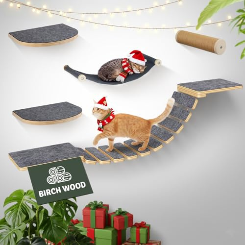 Modulares Katzen Kletterwand Set - aus Birkenholz | 5-in-1 Katzen Wandelemente mit Katzenbett & Laufsteg | Max. 35kg Belastbar, Einfache DIY-Montage