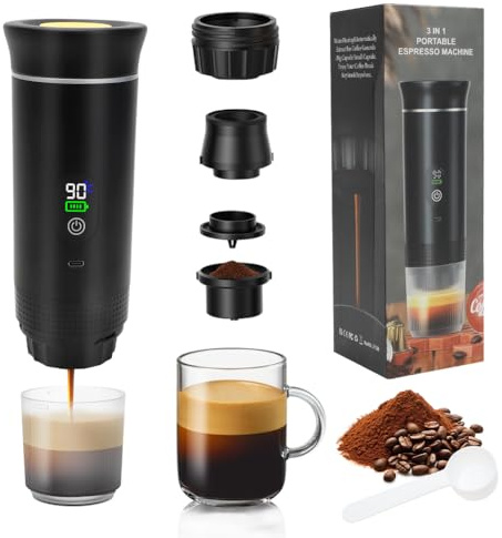 Cafetera portátil 3 en 1, mini máquina de café espresso de viaje con USB, autocalefacción, compatible con café molido y cápsulas, para senderismo, oficina y autocaravana