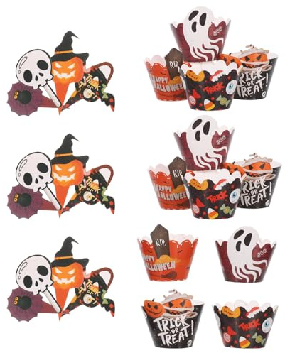 Uonlytech 2 ensembles Décorations Halloween Cupcakes Set avec Skull Muffin Liners et Spooky Cake Topper Papier pour Fêtes Shower Garnitures Créatives pour Gâteaux Boissons et Tables pour