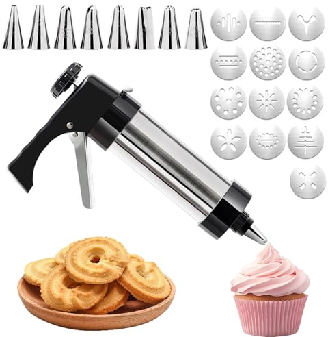 Ruikdly Gebäckpresse für Spritzgebäck Edelstahl Spritzgebäck Presse mit 13 Schablonen und 8 Tüllen, Kekspresse Edelstahl, Plätzchenpresse Spritzgebäck für Kuchen Dessert DIY Maker Cookie Presse
