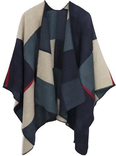 Miaikvs Women Shawl Wraps Open Front Poncho Reversible Oversized Blanket Cardigan(Plaid Navy)
