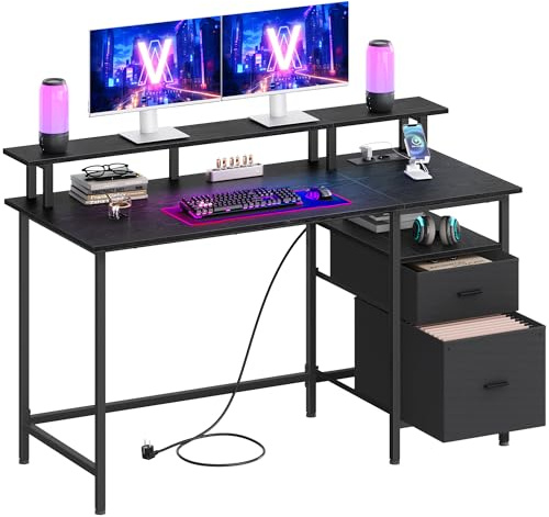 VASAGLE Gaming-Schreibtisch, mit Schubladen aus Stoff, Computertisch mit Bildschirmhalterung, Mehrfachsteckdose, 2 USB-Anschlüsse, für Heimbüro, 140 x 60 cm, Schwarz Holz LWD094B56V1