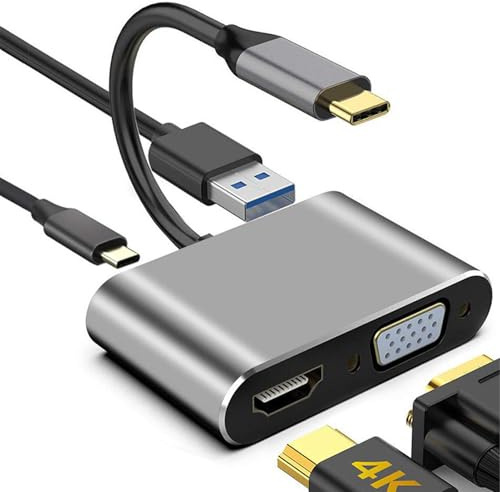 Adaptateur USB C vers HDMI VGA USB 3.0 PD,4 en 1 Hub/Adaptateur,Multiport USB C Adaptateur HDMI 4 en 1 avec Port USB 3.0,Port de Charge PD 100 W,pour MacBook,Chromebook,HDTV