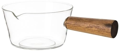 Olla para Leche, Cacerola de Vidrio Transparente de 600 ml con Mango y Boquilla de Madera, Olla Antiadherente para Fideos, Pasta, Sopa, Leche y Comida para bebés Ollas de Vidrio para cocinar en la
