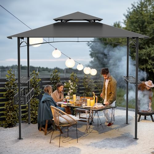 UISEBRT Grillpaviljong med 2 hyllor och krokar, grillskydd med dubbelt tak för ventilation och rökutsugning, väderbeständig grilltak för trädgård BBQ fest, 245 x 153 x 250 cm, grå
