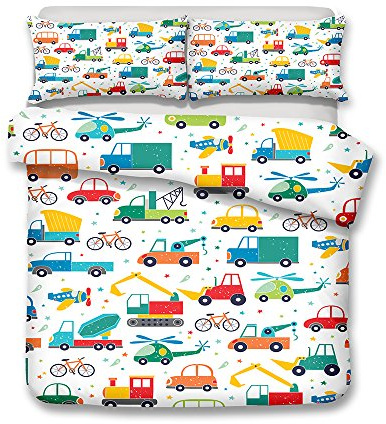 Meet Juego De Funda Nórdica Juego De Ropa De Cama Estampado Sábanas Infantiles, Funda De Edredón Suave De Microfibra con Cremallera Oculta (Coche,(180x220 cm)-Cama de 105/135)