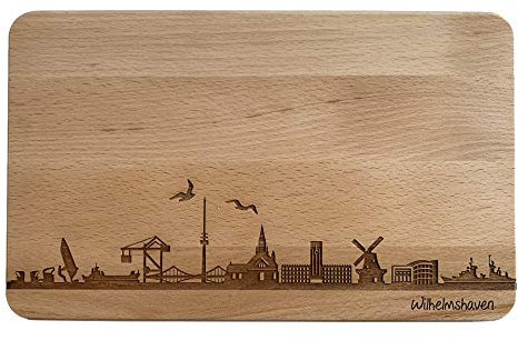 Brotzeitbrett Wilhelmshaven Skyline | Frühstücksbrettchen aus Buche | Holz Schneidbrett | Geschenk mit Gravur | Frühstücksbrett | Niedersachsen (Brett L (26x16x1,5cm), 1. ohne persönliche Gravur)