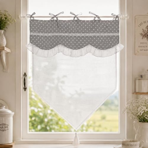 Générique Lot de 2 Rideaux Brise-Bise 45 x 60 cm – Rideaux Cuisine Campagne Chic – Coton à Pois Gris, Dentelle Blanche et Voilage Semi-Transparent – Attaches à Nouer – Naive Gris