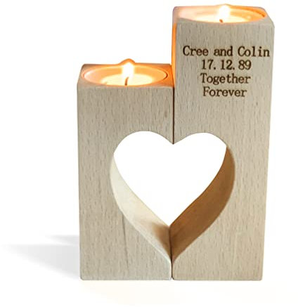 2 pièces/ensemble Porte-bougies en bois personnalisé, Chandelier Bougeoir Bois en forme de cœur, Decoration Salon, Centre de Table, Cadeau de mariage, 2 prénoms et date, Gravé au Laser, rustique