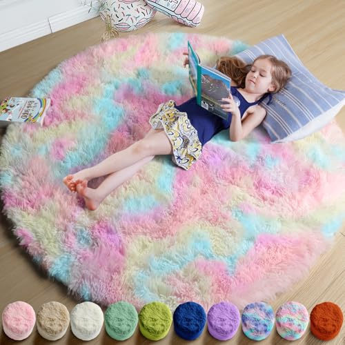 Amdrebio Regnbågsfärgad, fluffig, rund matta, 122 m, söt, lurvig Kawaii-matta, för flickrum, enhörningsdekor, färgglad, pastell, studentrum, mjuk lekmatta för barnkammare