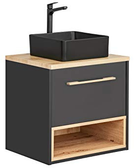 PIASKI Mobile lavabo Borneo 60 cm, mobile lavabo sospeso, con lavabo o piano di lavoro, mobile da bagno, colore rovere/grigio cosmos (con piano di lavoro)