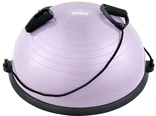 ZELUS Balance Ball Trainer with Resistance Bands & Foot Pump, 23 Inch Inflatable Yoga Half Ball for Home Gym Workouts, Core Strength Fitness and Balance Training - 330lb Weight Capacity (Lilac)