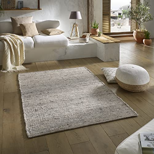 TacaHome Wollteppich Natur Handweb Teppich I Reine Schur-Wolle im Skandinavischen Design I Wohnzimmer Schlafzimmer Esszimmer Kinderzimer Büro | 120 x 170 cm Grau Meliert