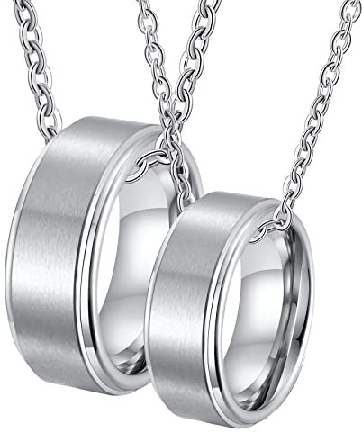 BCughia Partner Ketten für 2, Pärchen Ketten für 2 Silber Halskette Personalisiert Silberner Gebürsteter Ring 8 mm Halsketten Pärchen Geschenke für Freund
