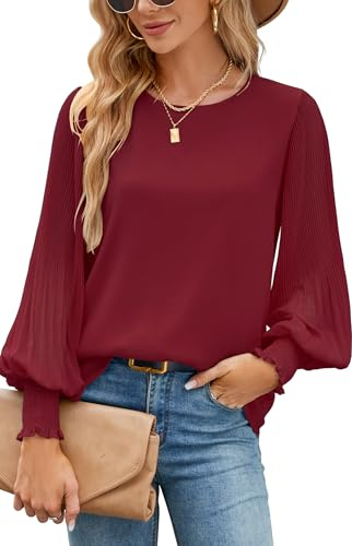 Odosalii Camicetta da donna in chiffon, a maniche lunghe, elegante, a doppio strato, rosso vivo, XL