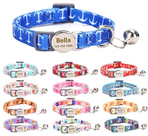 Moonpet Personalisiertes Katzenhalsband mit Namen und Telefonnummer, Katzenhalsband mit Sicherheitsverschluss und glöckchen-Marine-Anker