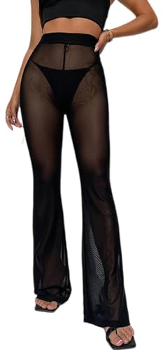 Odizli Damen Sexy Transparent Mesh High Waist Glitzer Schlaghose Streetwear Clubwear