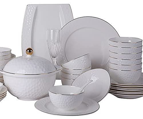 Bone China Geschirrset, Porzellan Fine Bone China Küche Dinner Dining Weiß Rundgeschirr Kombi-Set mit Müsli Nudelschalen Dessertsuppe Fischteller Geschirr (52 Stück Service für 12 Personen) (52 Stück