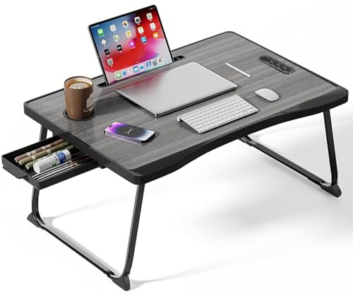 Warmiehomy Laptop Bed Table, Portable Laptop Desk with Handle, Foldable Laptop table with Desktop Card/Cup Slot, Side Drawer for Sofa, Notebook Stand Foldable Tray for Eating Reading Working(Black)